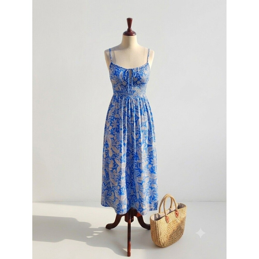 LOFT Womens Extra Small Blue White Paisley Floral Keyhole Maxi Dress Stretch XS